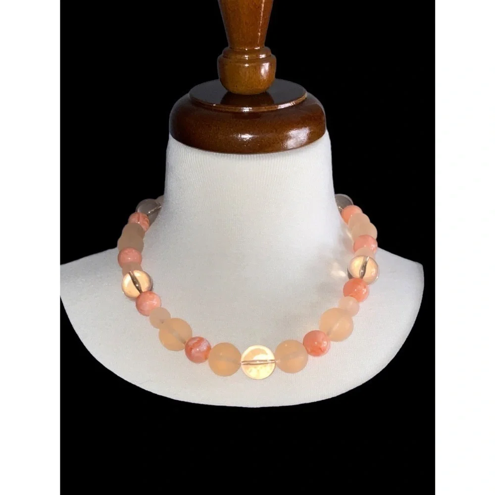 2 Avon Vintage Peach Bulky Bead 18” Necklaces & A Pair Post Earrings LIke New